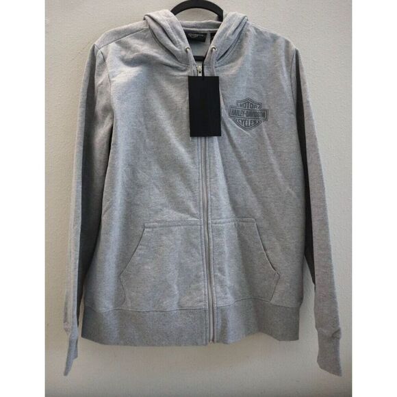 Harley-Davidson Women Sz L Gray Heather Special Racer Font Zip Front Hoodie - Picture 1 of 9